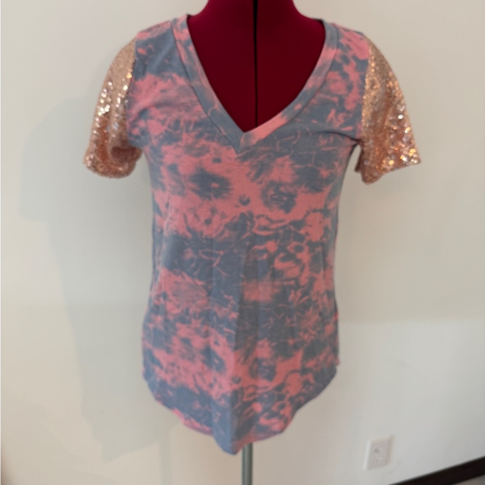 Pink and Blue Tie-Dye Top with Sequin Sleeves